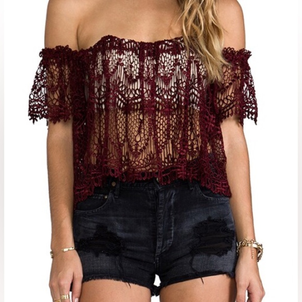 Stone Cold Fox Burgundy Lace Off the Shoulder Holy Tube Top